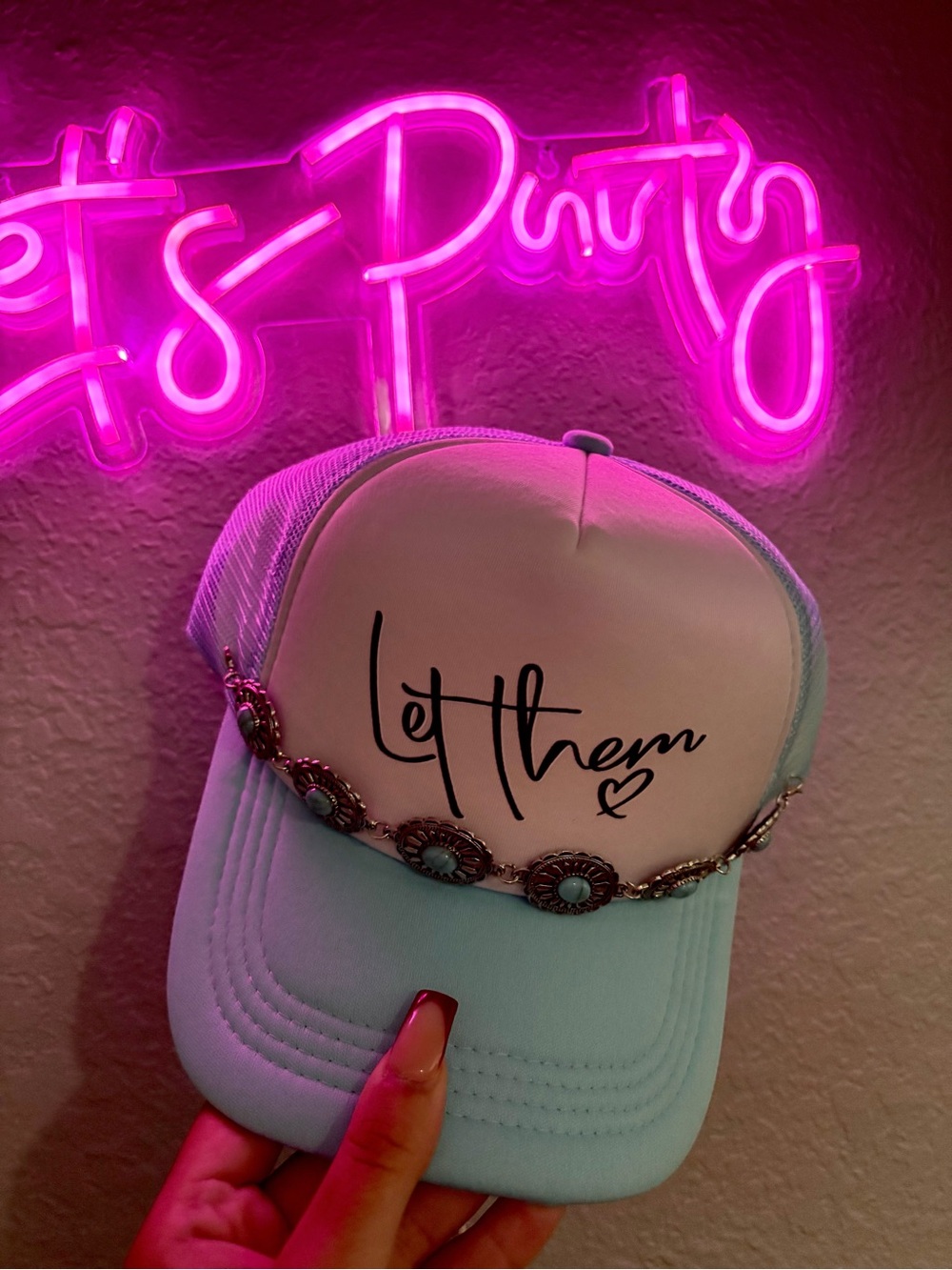 Let Them Embellished Trucker Hat - Light Blue & White